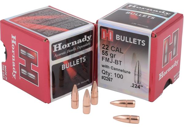 Hornady Bullet 22 Cal .224 55 Gr FMJ-BT W/C 100 Box