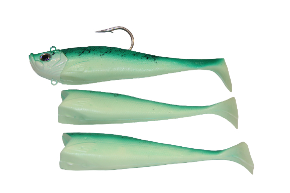 Lighthouse Mega Bite Swim Tail Jig, 14 oz, 1 Jig, 3 Tails/Pk, Glow Green Demon