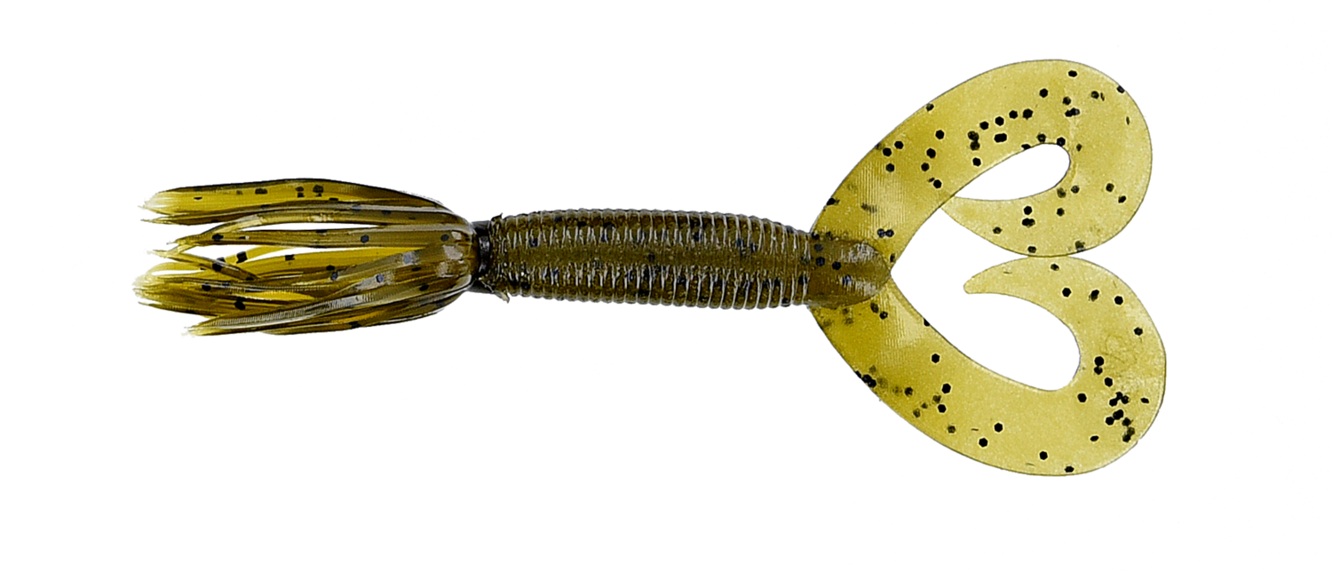 Yamamoto 5" Double Tail Hula Grub, 10Pk, Green Pumpkin w/Large Black Flake