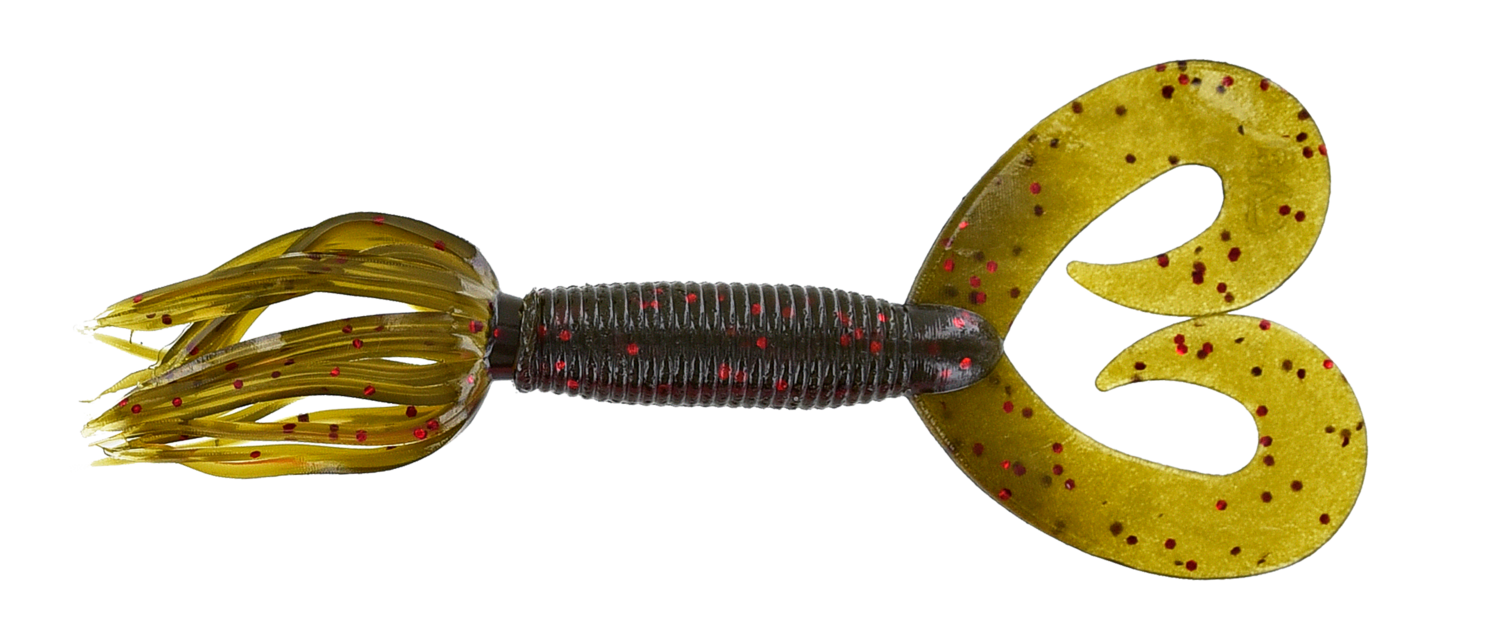 Yamamoto 5" Double Tail Hula Grub, 10Pk, Green Pumpkin w/Large Red Flake