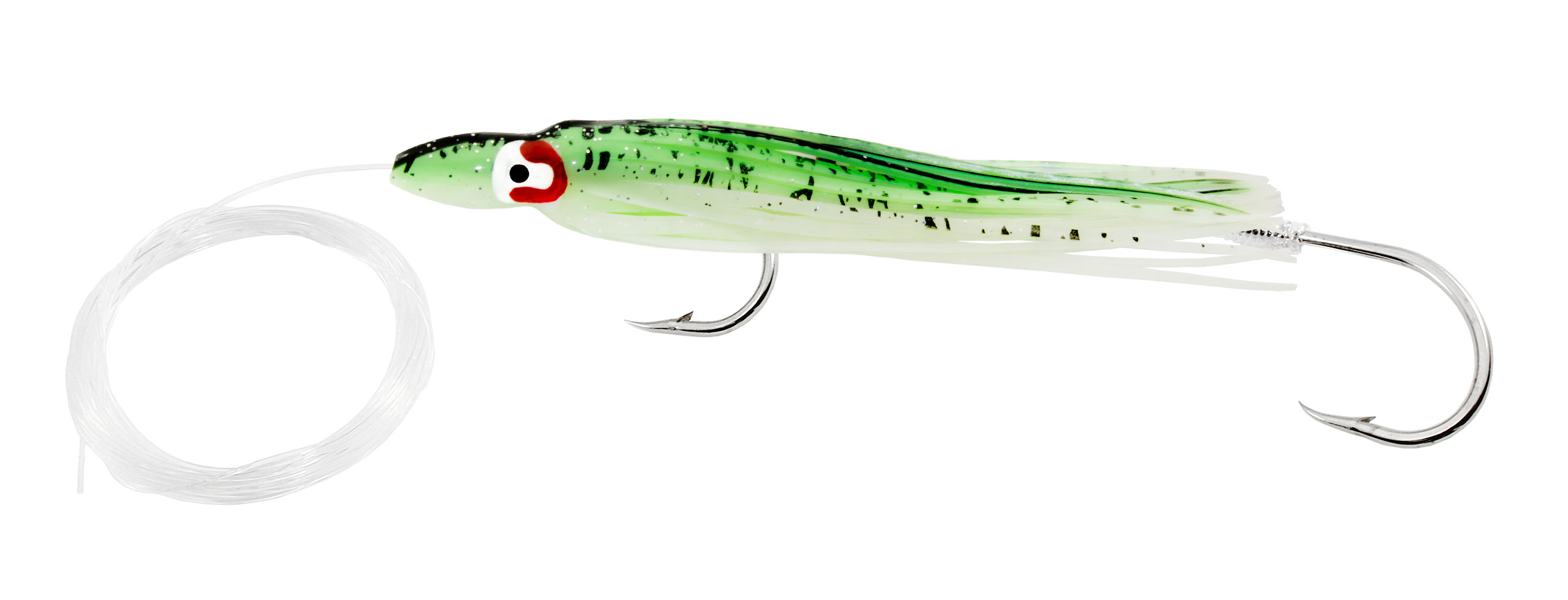 Delta Rigged Squid Hoochy, 4 1/2", Glow Green Black Spatter Back