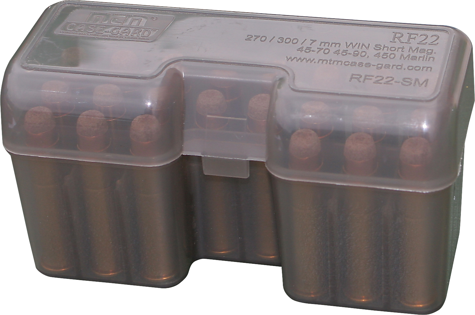 MTM Case-Gard Flip-Top Rifle Ammo Box 22 Rnd 338 WSM 45-70 Clear Smoke