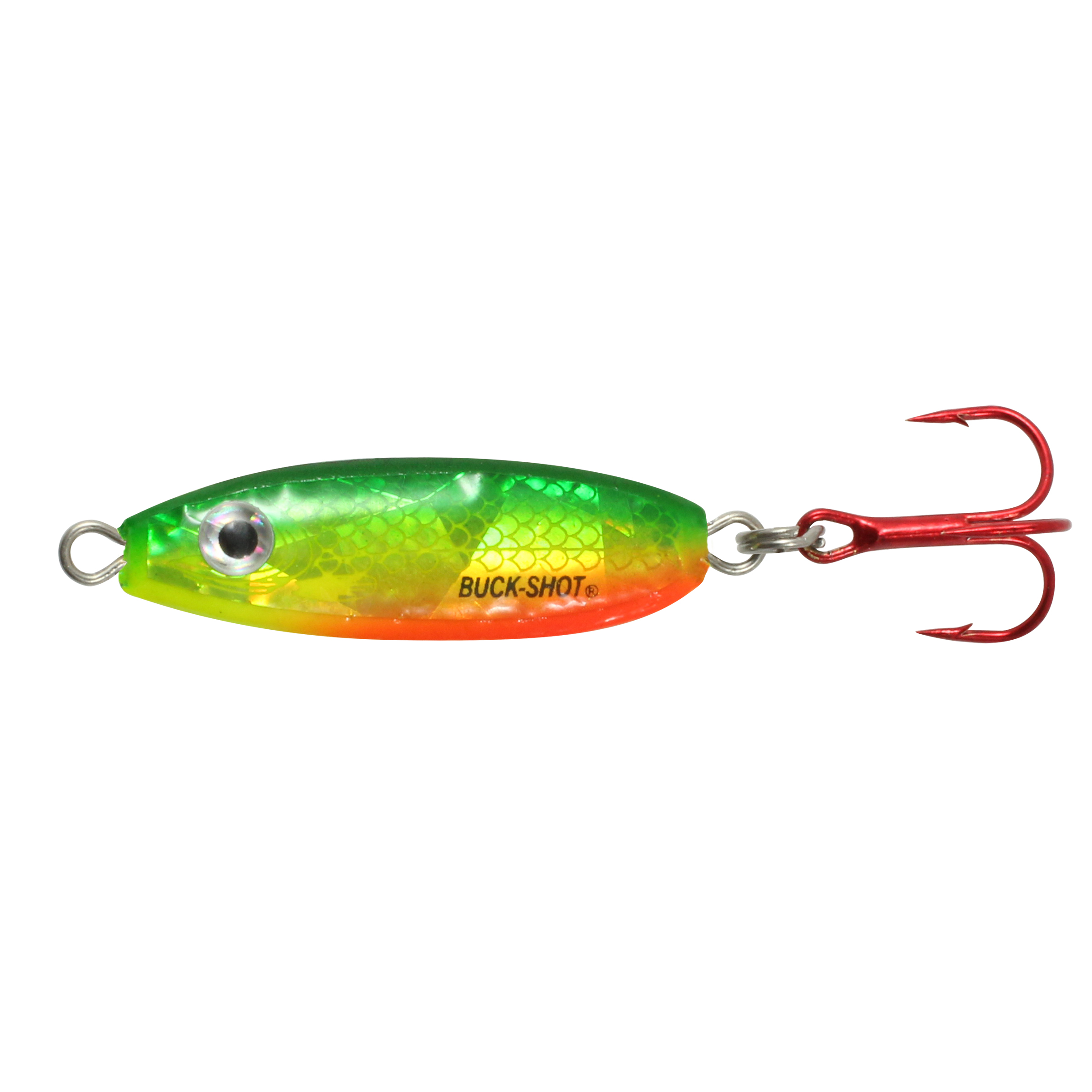 Northland Buck-Shot Rattle Spoon, 1-3/8", 1/8 oz, #8 Hk, 1/Pk, Super-Glo Firetiger