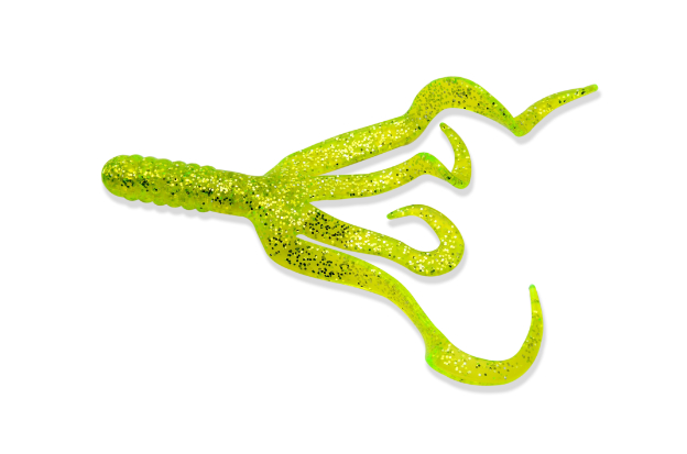 Mister Twister 4" Split Double Tail 10/Pk-Chartreuse Flake (Case of 6)